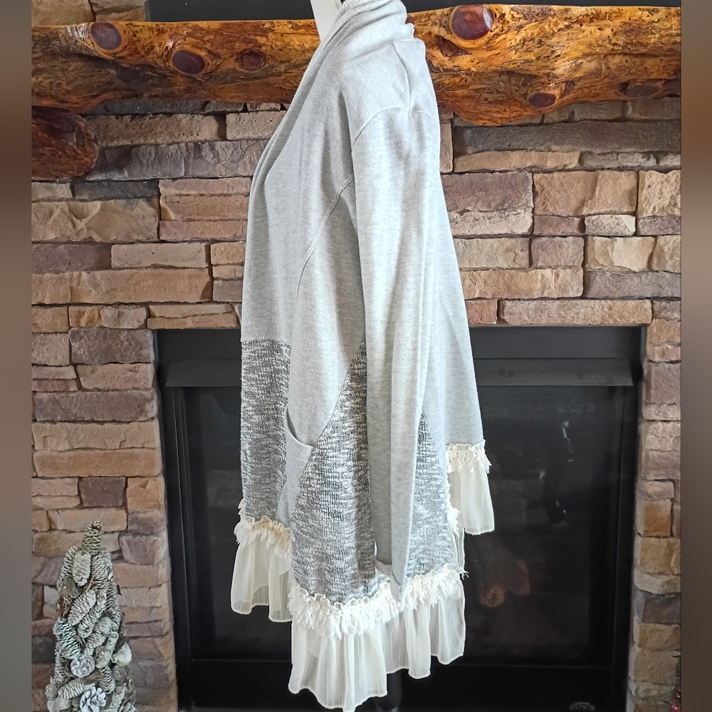 Scrapbook Gray White Cotton Boho Bohemian Open Long Cardigan Sweater - Picture 4 of 16